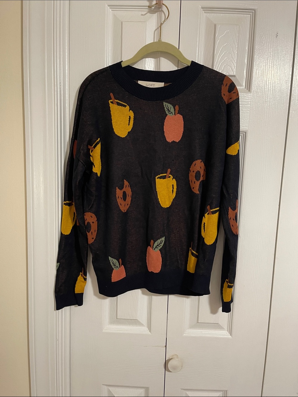 LOFT Navy Sweater with Yellow Mugs and Rust Apple Motifs
